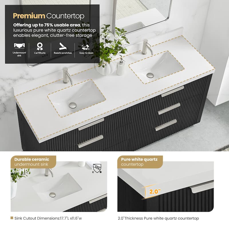 Santarem Double Vanity with Pure White Quartz Stone Top without Mirror