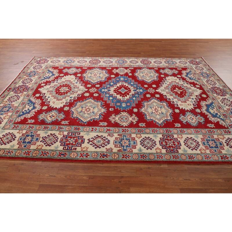 Red Geometric Kazak Rug Hand-Knotted Living Room Wool Carpet - 6'9" x 9'6"