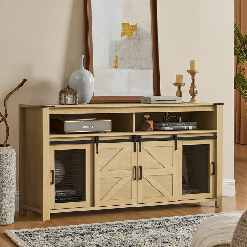 Farmhouse 59.3" Sideboard Buffet with Sliding Barn Doors and Open Storage for Living or Dining Spaces