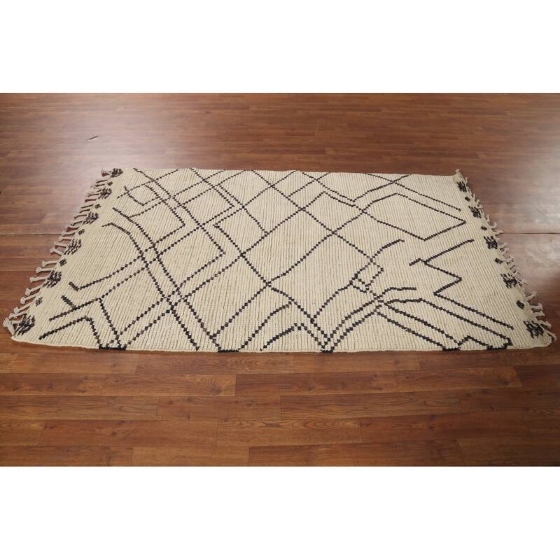 Ivory Striped Moroccan Oriental Rug Hand-Knotted Wool Carpet - 3'11"x 6'8"