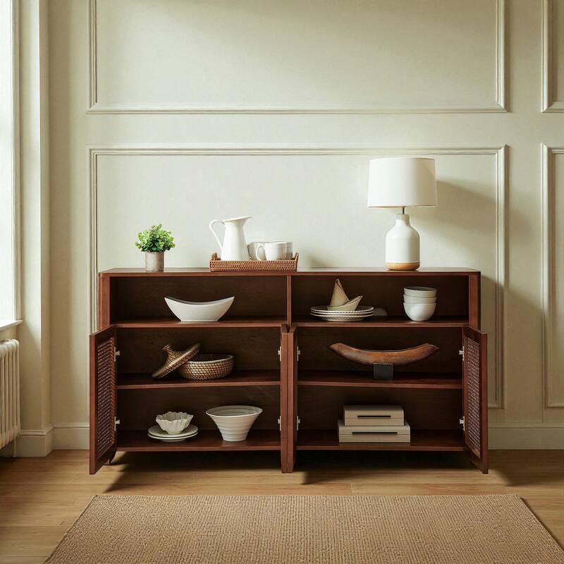 63" Mid-Century Modern Rattan Sideboard Buffet Cabinet with Adjustable Shelves, Storage Credenza for Living Room