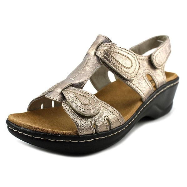 Clarks Narrative Lexi Walnut Q Women W Open Toe Leather Gold Wedge Sandal