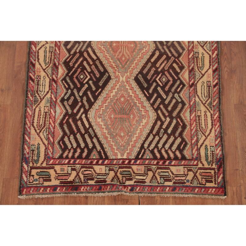 Hamedan Persian Vintage Runner Rug Handmade Brown Wool Carpet - 3'5"x 8'4"
