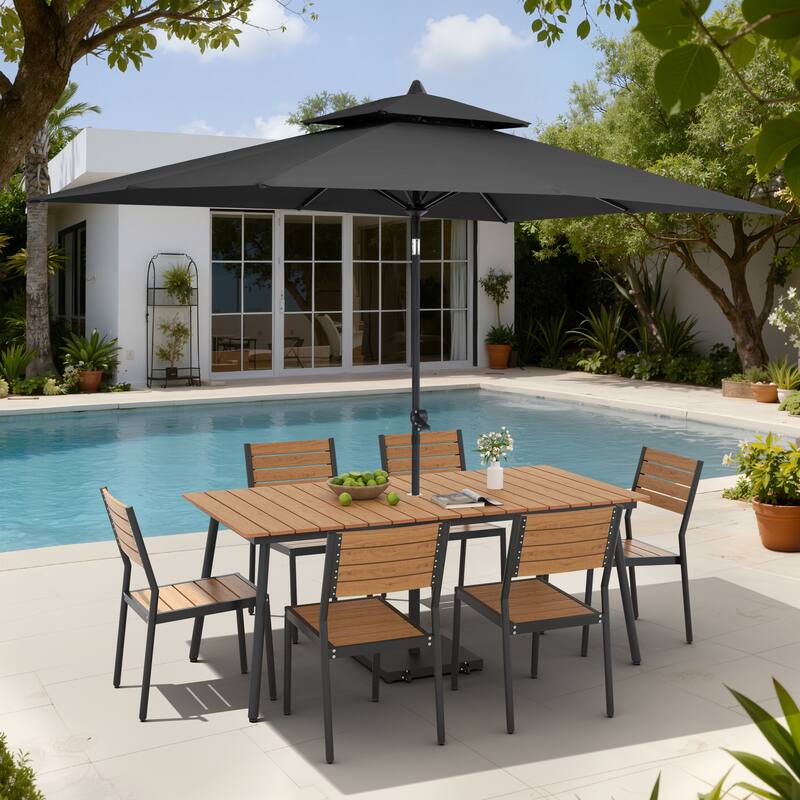 9-Piece Outdoor Patio Dining Set Aluminum Table and 8 Stackable Chairs w/ 10 FT Umbrella with Base - Brown Table with Black Umbrella