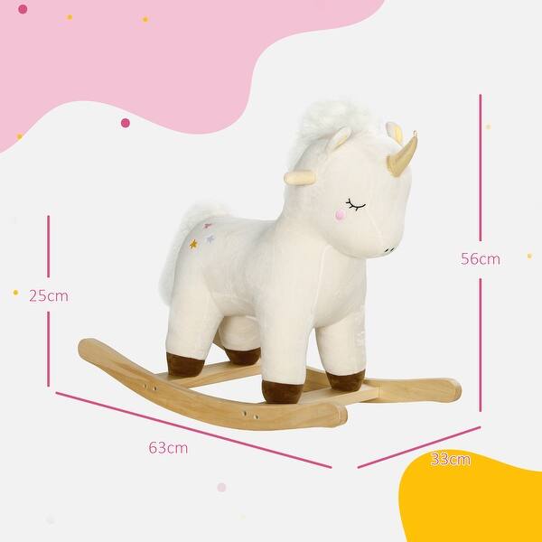 dimension image slide 1 of 2, Rocking Horse, Plush Ride on Unicorn with Realistic Sound, Wooden Base, Toddler Rocking Horse for 2-4 Years, White