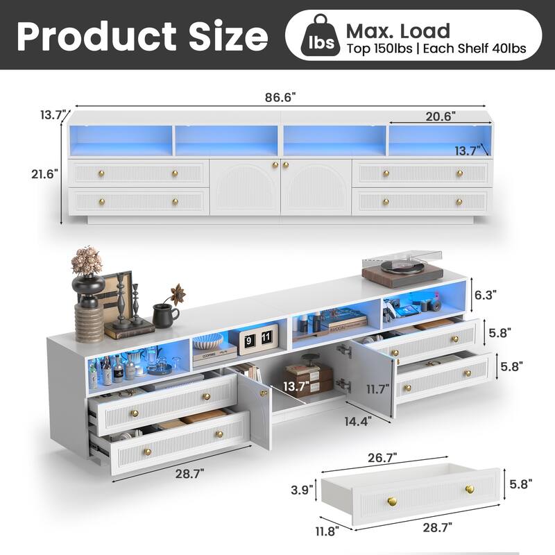 Meyreso 86.6" Modern LED Lighted TV Stand with 4 Open Shelves and Storage Cabinets