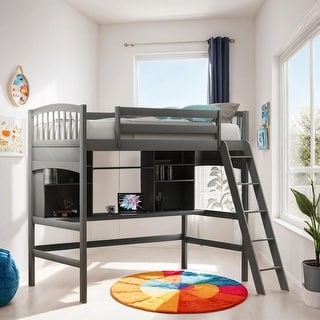 Twin size Loft Bed with Storage Shelves, Desk and Ladder, White
