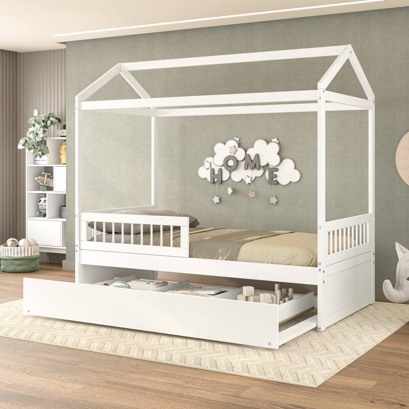 Polifurniture Nyce Twin Size Bed with Guard Rail, Trundle and Storage Drawer - White - Twin