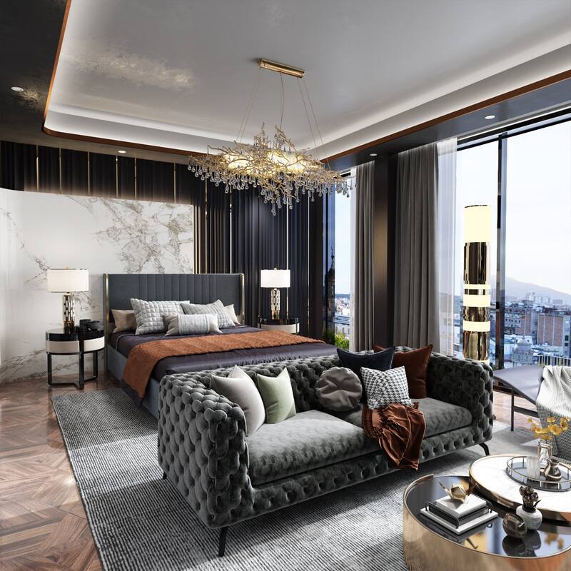 Stylish Grey or White Platform Bed with Light-Up Headboard and Drawer