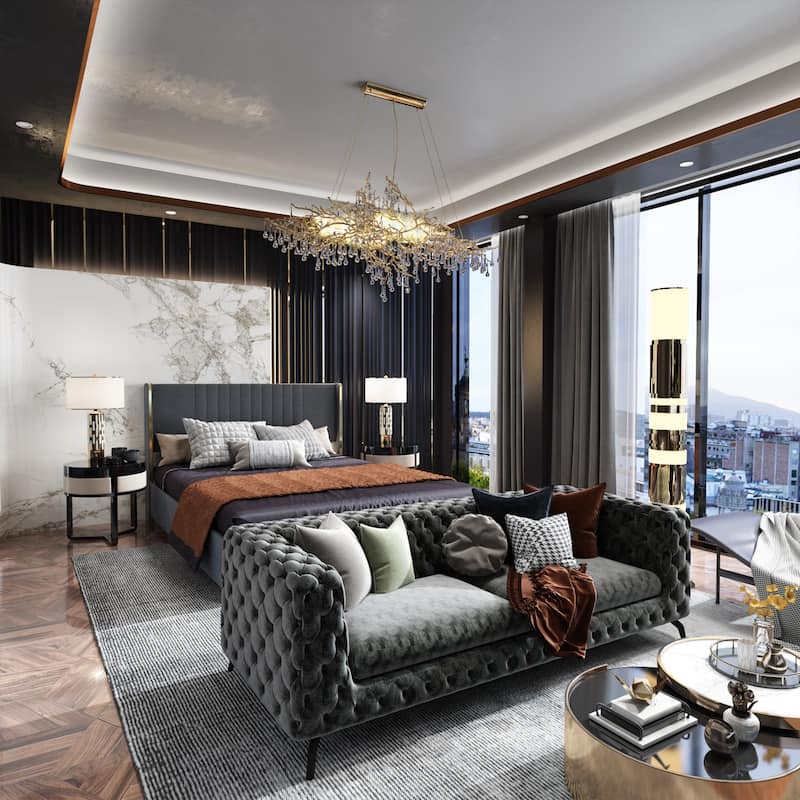 Upholstered Bed with LED Lighting and Storage - Bedroom Elegance - Grey