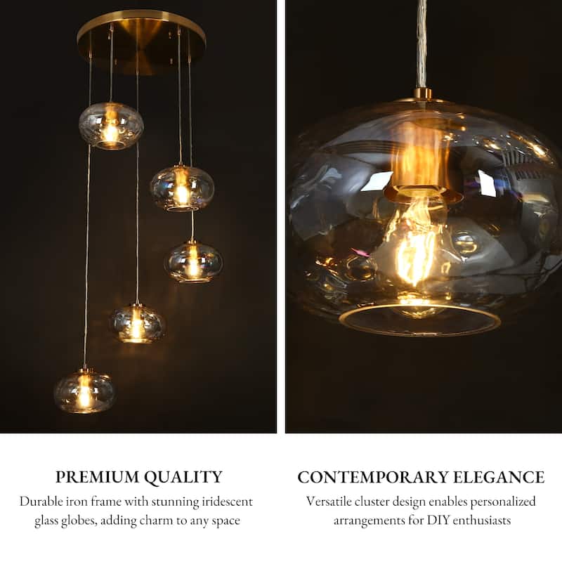 Modern 5-Light Gold Cluster Chandelier Colored Glass Island Pendant for Dining Room - D24" x H66" Max