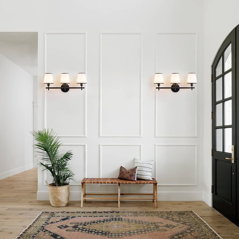 3-Light Matte Black Metal Wall Sconce Ribbed Fabric Shade Traditional