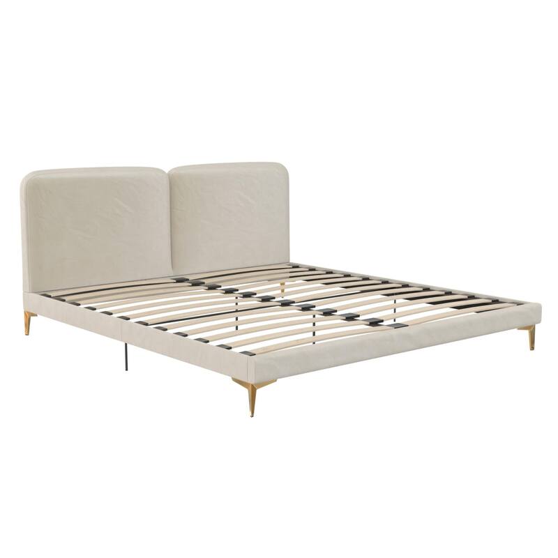 Velvet Upholstered King Size Bed with Gold-Plated Legs