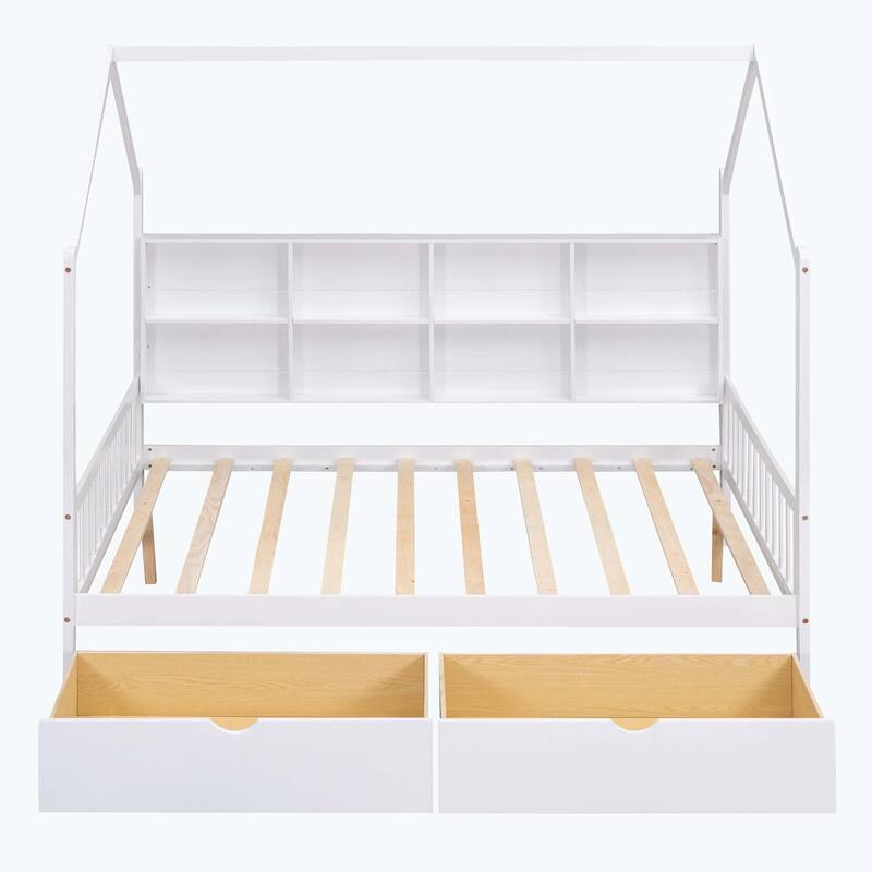 Comfortable Wooden House Bed with 2 Drawers,Kids Bed with Storage Shelf