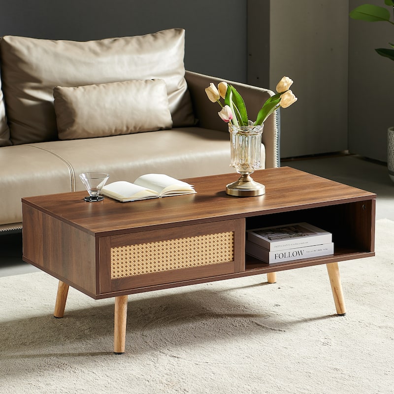 Anmytek Rattan Coffee Table with Storage Modern Walnut Living Room Centerpiece Organizer