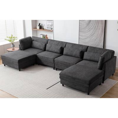 145'' Oversized U-Shaped Modular Sectional Fabric Sofa Set With 6pcs Pillows,Reversible Chaise,With Ottamans,6 Seat