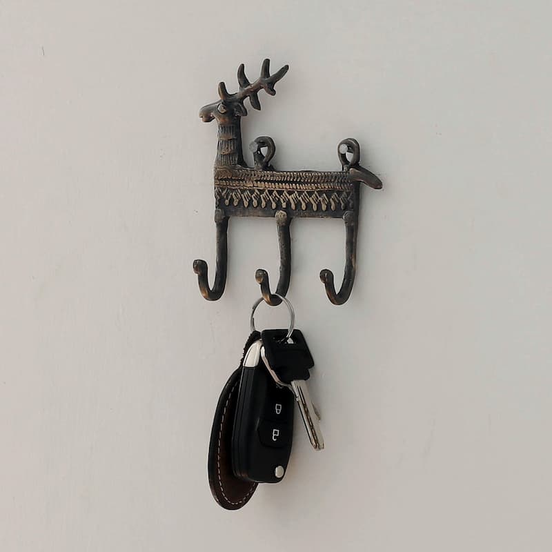 Novica Handmade Palatial Reindeer Brass Key Rack