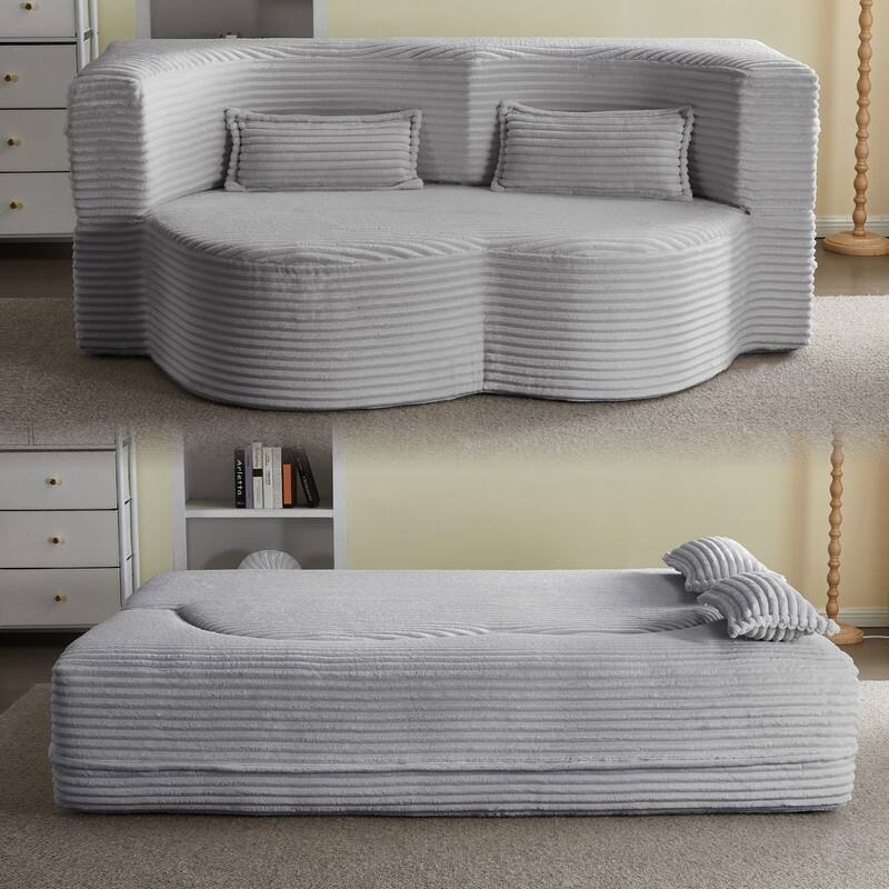 Modern 78" Full Size Convertible Corduroy Foam-Filled Sleeper Sofa,Modern Floor Sofa with 2 Pillows