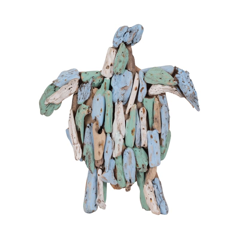 Wooden Decorative Turtle Figurine Sculpture - 15", Blue & Green - 15.0"