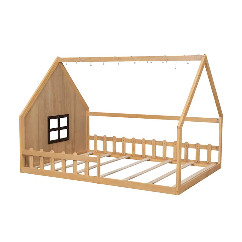 Full Size Wood House Bed with Window, Fence & LED Light