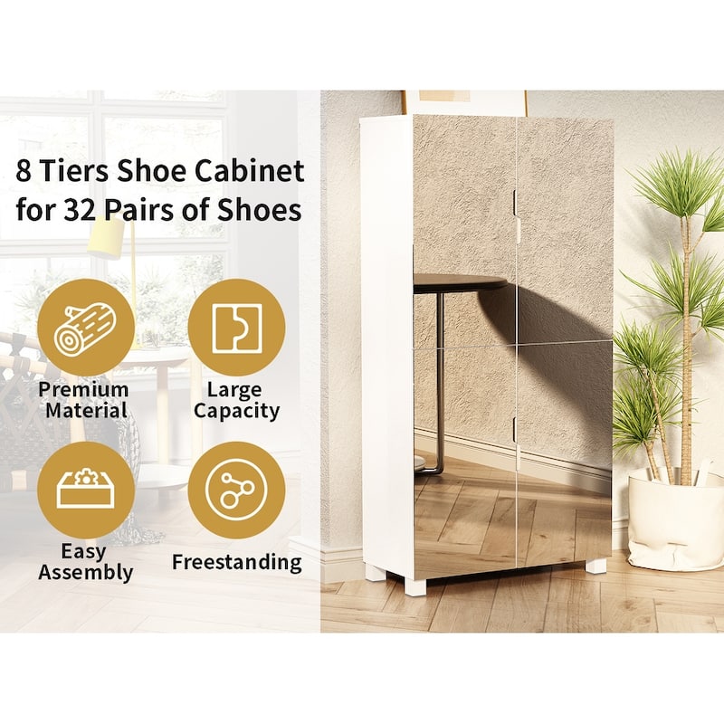 Shoe Cabinet with 4 Mirror Doors- 50"Tall Entryway Storage, 8 Adjustable Shelves, Holds 24-32 Pairs (Size 15)