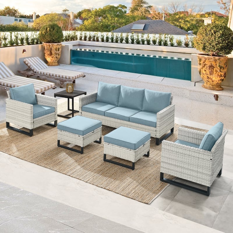 6 Piece 3-Seat Sofa Chair Table Set - Baby Blue - Light Grey