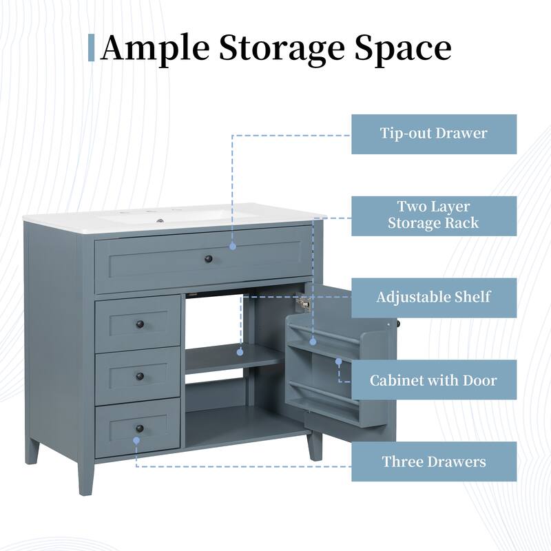 36-Inch Bathroom Vanity with Sink, Modern MDF and Rubberwood Cabinet with 3 Drawers and Adjustable Shelf, Freestanding Vanity