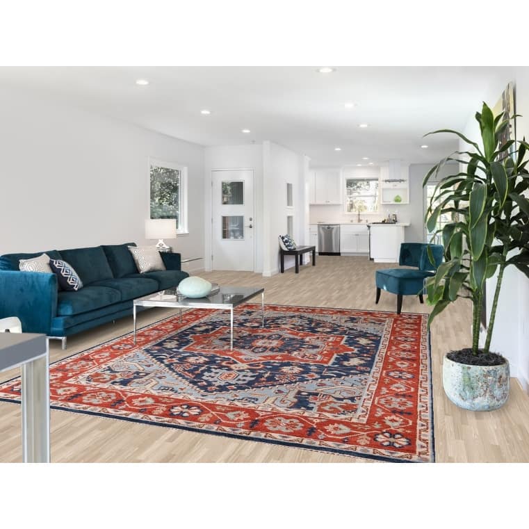 Blues & Orange Heriz Serapi Indian Area Rug Hand-Knotted Wool Carpet - 7'7" x 9'11"