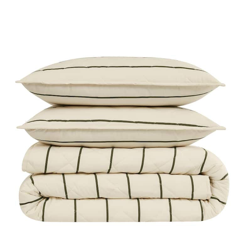 Brooklyn Loom Hayward Stripe 3 Piece Quilt Set - Full - Queen - Ivory/Green