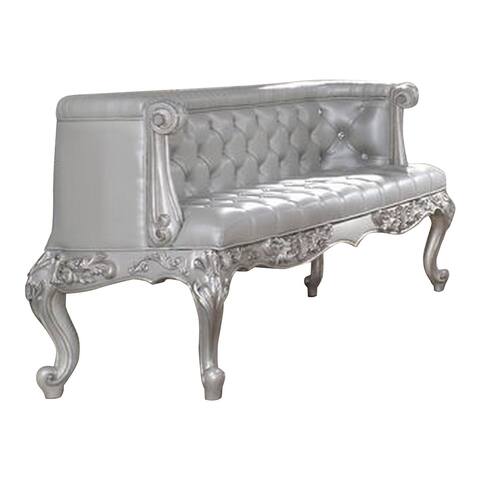 Bench with Button Tufting and Scrolled Floral Carvings, Gray