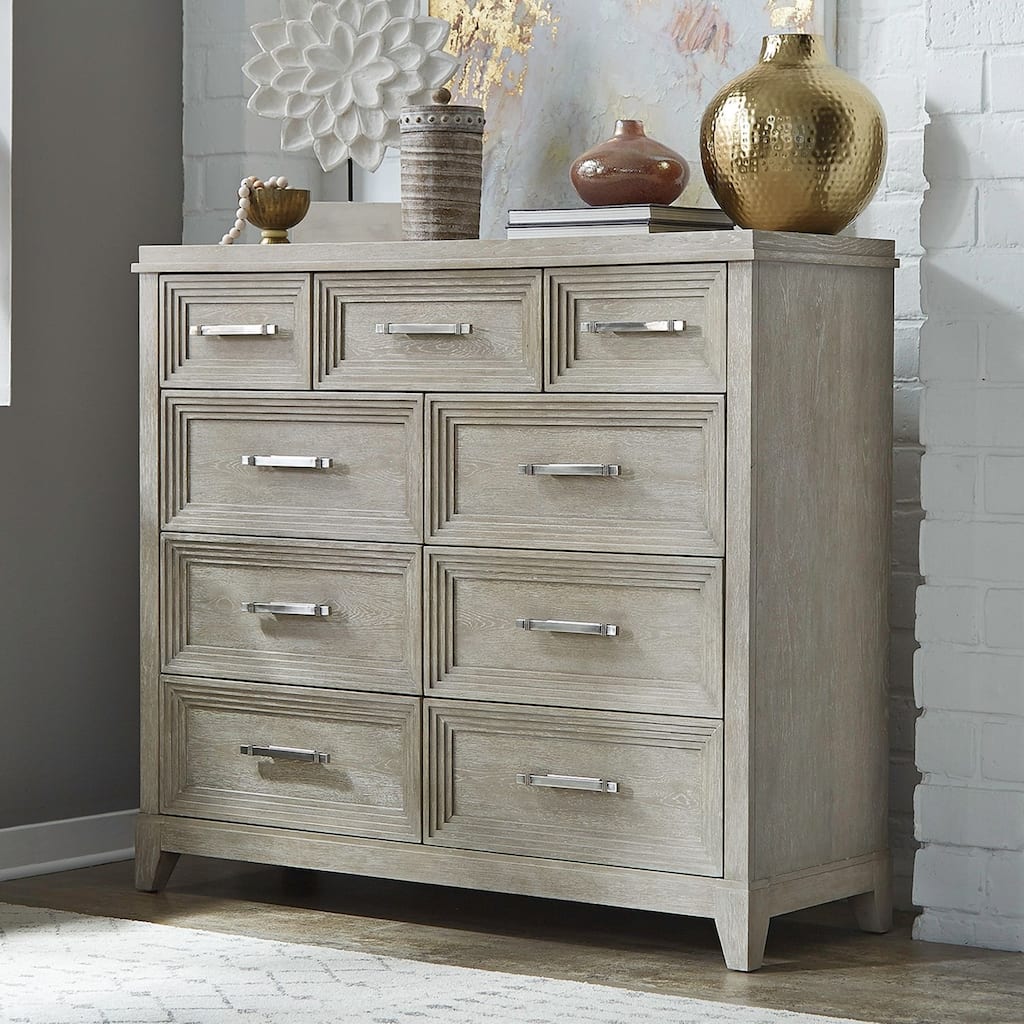 Belmar Washed Taupe & Silver Champagne 9 Drawer Bureau Dresser