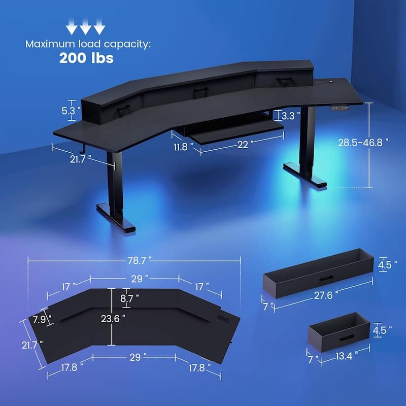 79'' Electric Standing Gaming Desk Drawers Computer Desk Power Outlet Keyboard Tray