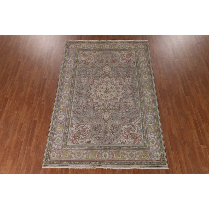 Gray Floral Tabriz Persian Vintage Area Rug Handmade Wool Carpet - 6'7" x 9'10"