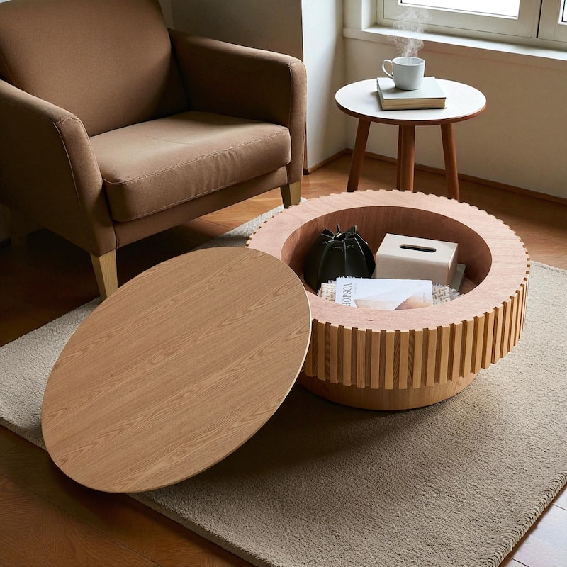 31.49'' Modern Round Coffee Table with Storage, Small Pedestal Coffee Table for Apartment or Living Room