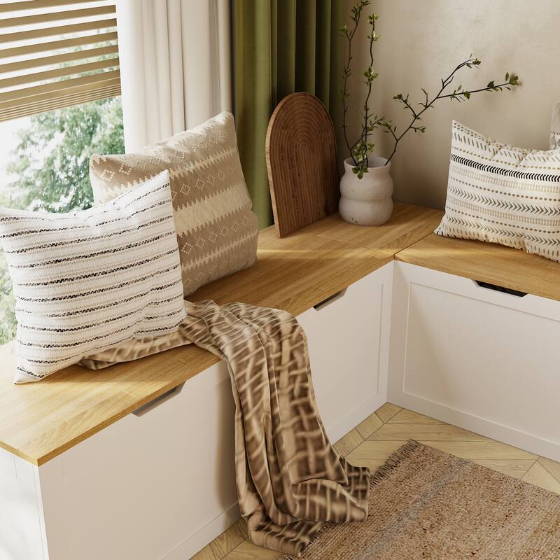 Corner Entryway Bench w/Hidden Storage White Oak Finish Shoe Cabinet