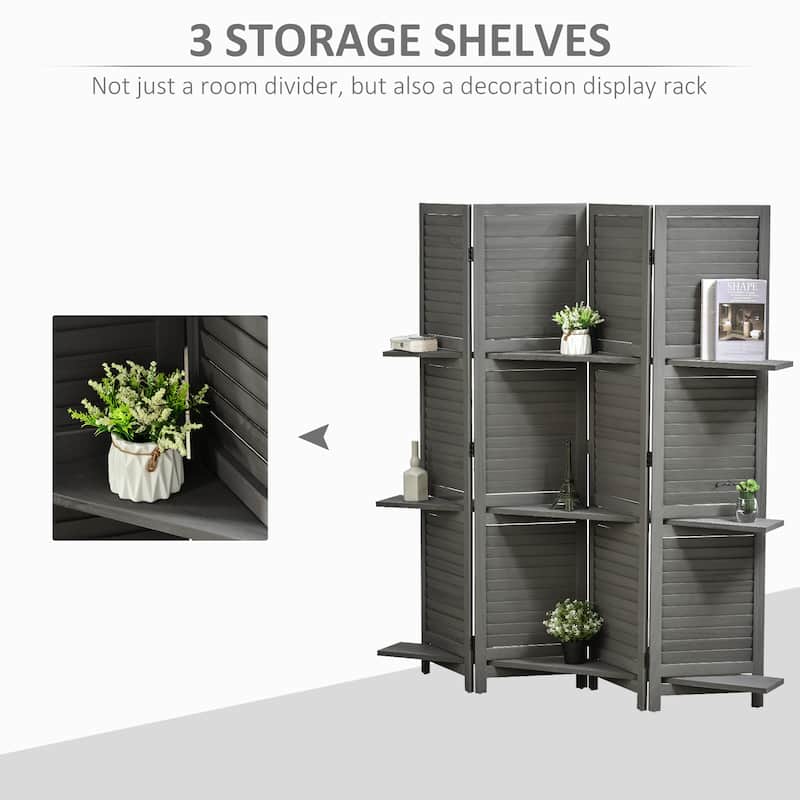 HOMCOM Blinds Style 4-Panel Wood Room Divider, 67'' Tall Folding Privacy Screen Panels Gray - 8' x 10'