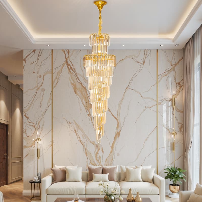 Extra Large Long Grand Spiral Crystal Chandelier Ceiling LED Tiered Pendant Light with Gold Frame - 17.72" x 47.24"