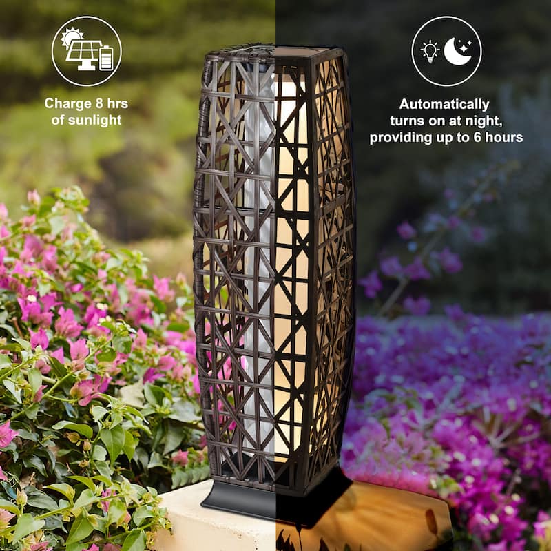 Tall Solar Floor Lantern Outdoor Rattan Light 7"x7"x27" Weatherproof