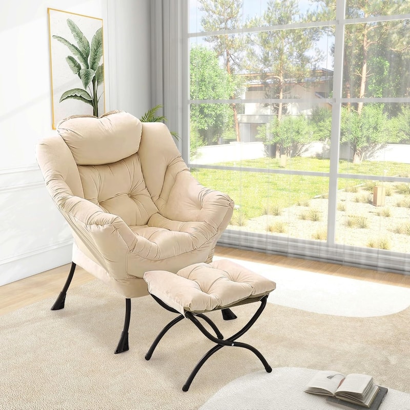 Lazy Chair with Ottoman,Reading Armchair with Side Pocket for Living Room - Beige