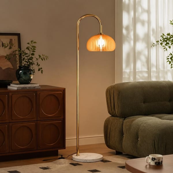 Mid-Century Wooden Pumpkin Arc Floor Lamp with Marble Base