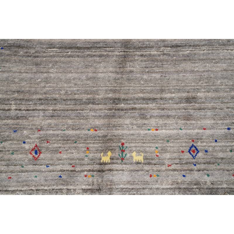 Hand Knotted Oriental Viscose Silk Carpet Tribal Animal Pictorial Greys & Charcoal Gabbeh Area Rug - 11' 8'' X 4' 11''