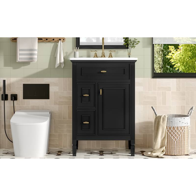 Roomfitters 24" Bathroom Vanity with Sink, Solid Wood Frame, Flip-Out Drawer & Cabinet with Adjustable Shelf