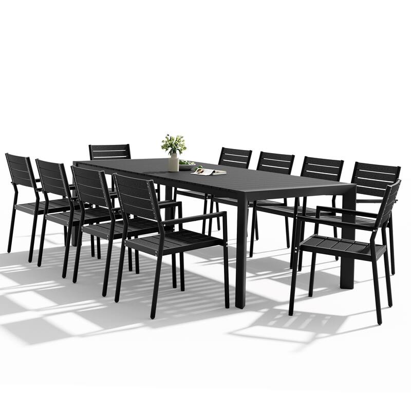 Set of 11 Outdoor Patio Dining Set WoodLike Table Top Aluminum Umbrella Hole Table with Stackable Chairs