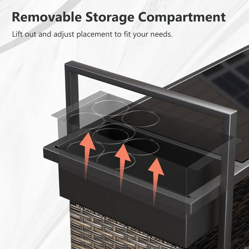 Outdoor 49.2" PE Wicker Bar Cart with Cabinet Patio Serving Cart with Tempered Glass Top