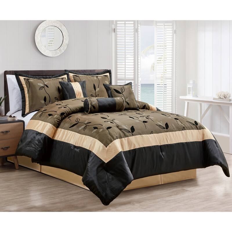 Nanshing Jolene 7 Piece Flocked Modern Leaves Comforter Set - Bronze - Queen