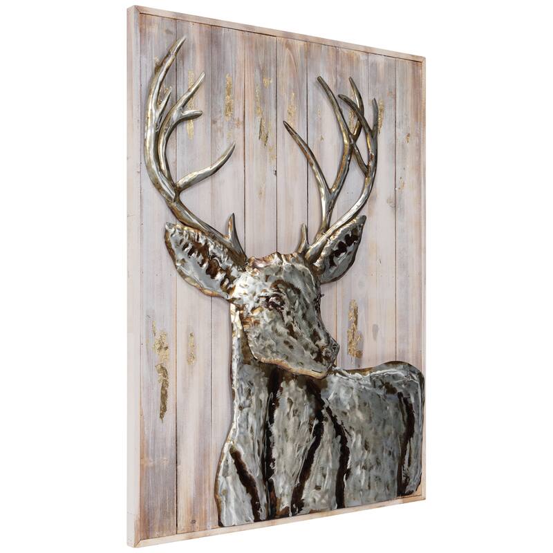 Iron Deer on Slatted Solid Wood Wall Sculpture Set of 2
