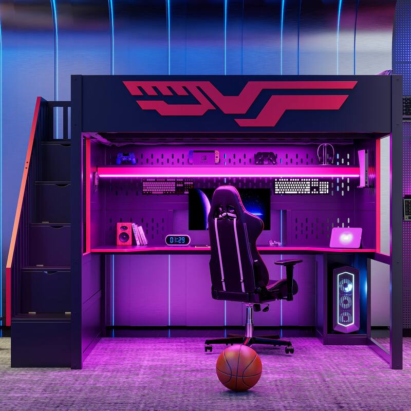 Full Size Gaming Loft Bed with Storage Staircase, Computer Desk, Storage Shelf, LED Lights and USB