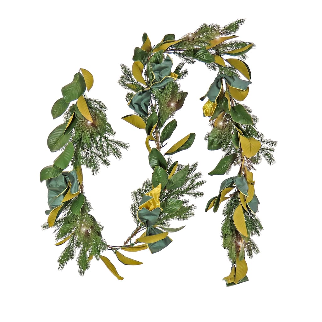 National Tree Company 9 in. Christmas Magnolia Mix Pine Garland with Fabric Bow - 9 ft