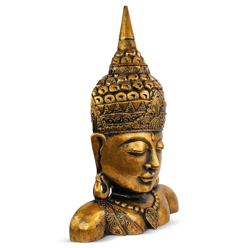19" Gold Buddha Bust Hand Finished Decorative Sculpture, Zen Spiritual Home Accent