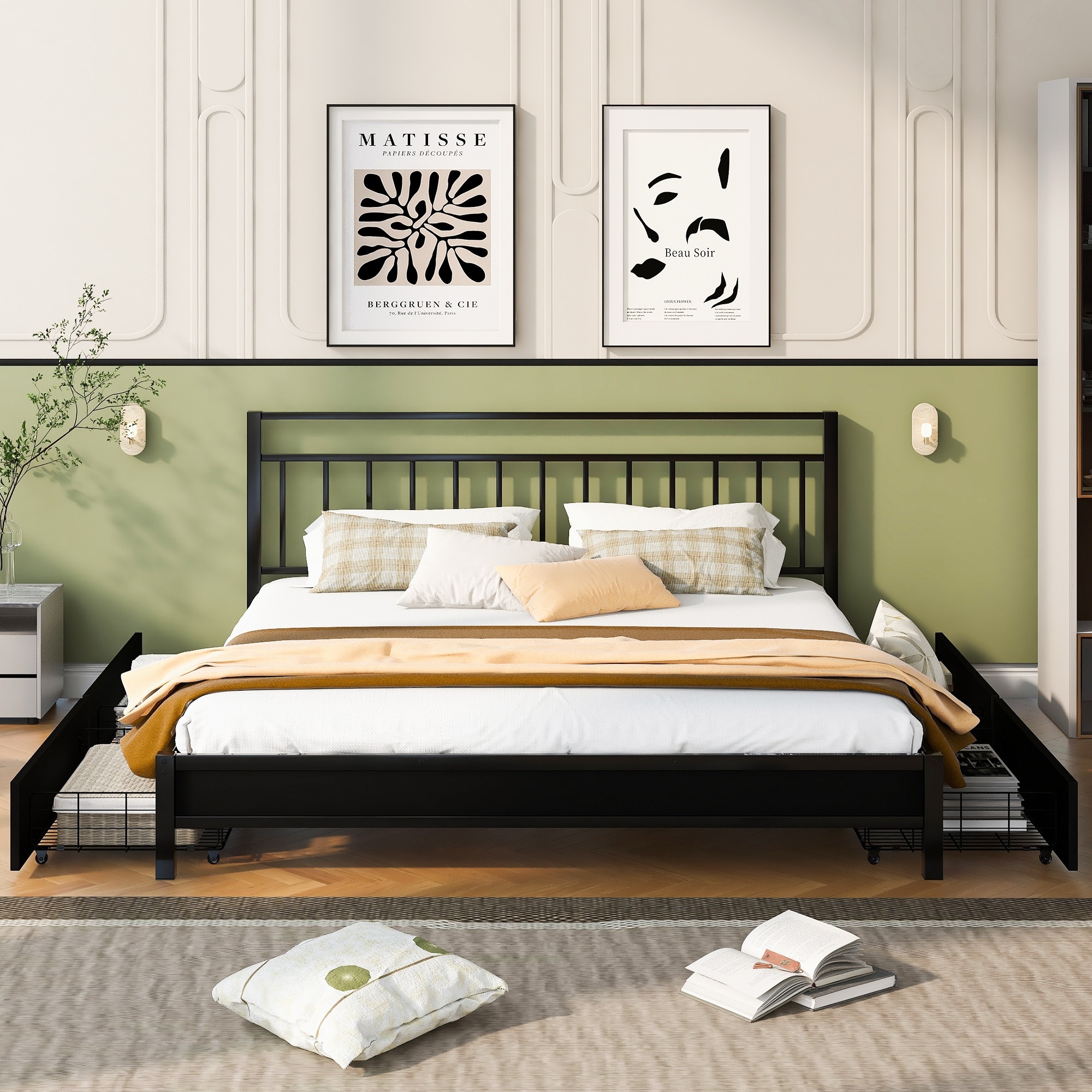 Sturdy Metal Frame King Size Storage Platform Bed with 4 Drawers